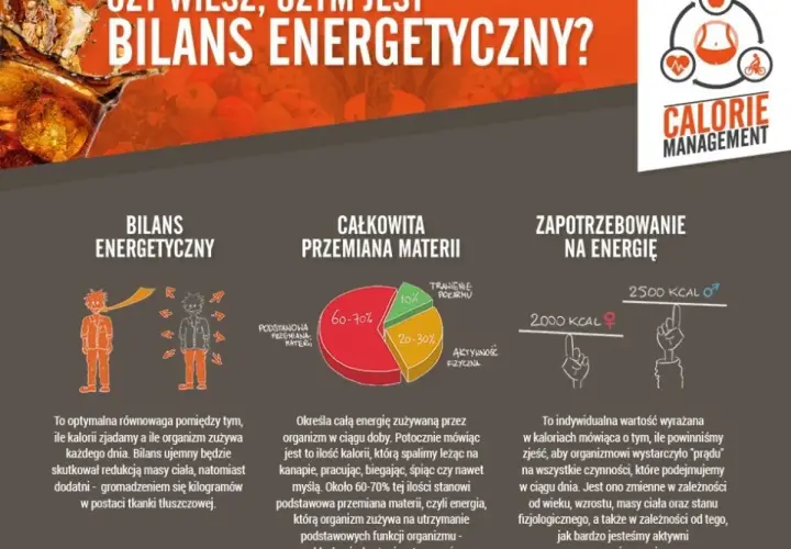 Infografika o bilansie energetycznym. Wyjaśnia, co to kcal, całkowitą przemianę materii i zapotrzebowanie na energię.