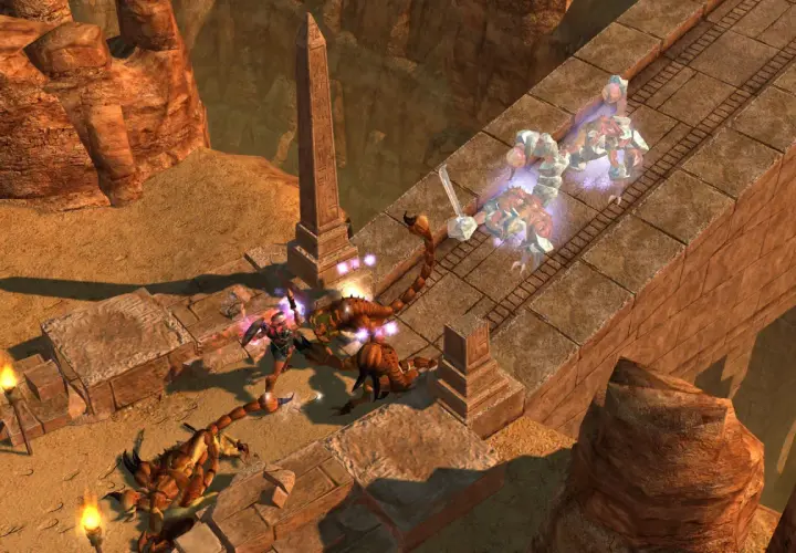 Bohaterka w stylu hack and slash walczy z gigantycznymi skorpionami na pustynnym moście.