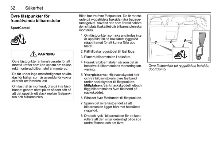 Bilden visar hur man fäster en bilbarnstol med övre fästpunkter. En varningstext förklarar att airbag lampa lyser om fästet inte används korrekt.