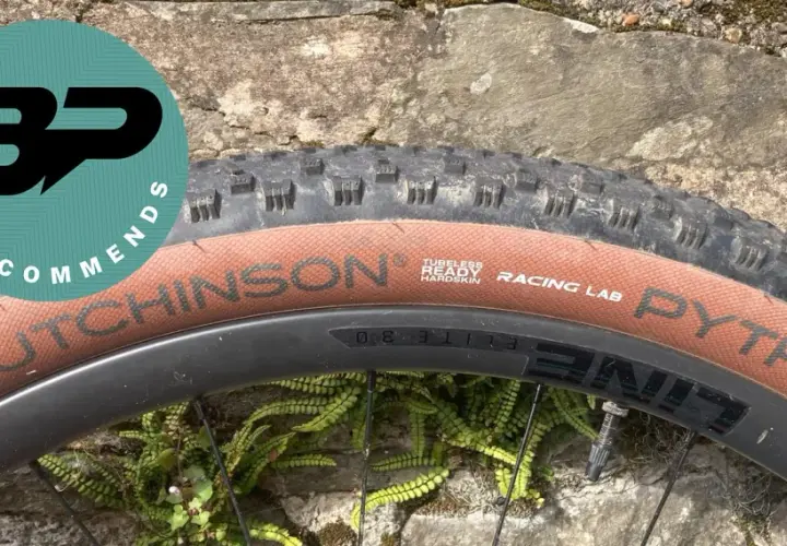 Close-up of a Hutchinson Python tire on a bike wheel, with a "BP Recommends" logo.