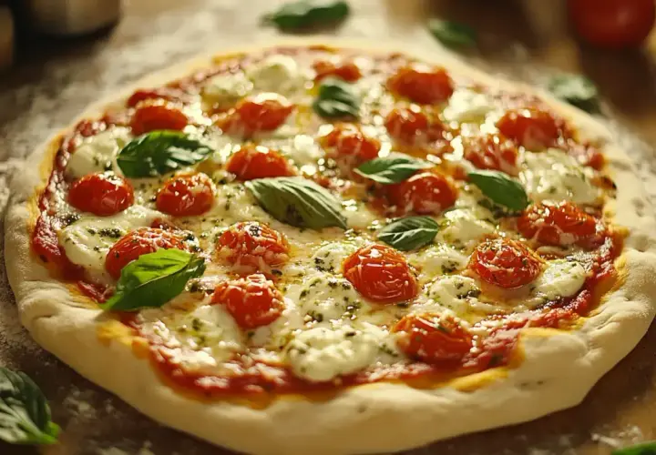 Pyszna pizza Margherita, której historia sięga Neapolu, z pomidorkami, mozzarellą i bazylią.