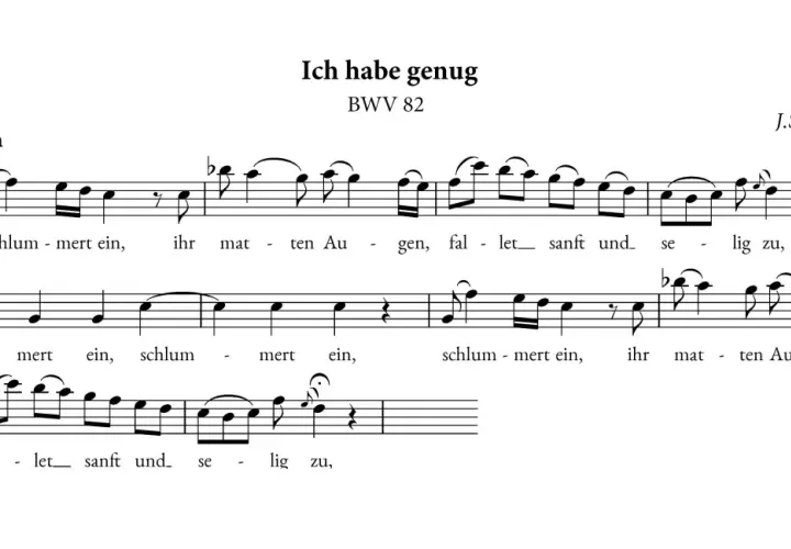 Fragment partytury z arii "Ich habe genug" BWV 82 J.S. Bacha. Widać tekst "Schlum-mert ein, ihr mat-ten Au-gen, fal-let sanft und se-lig zu". Tercet nut.