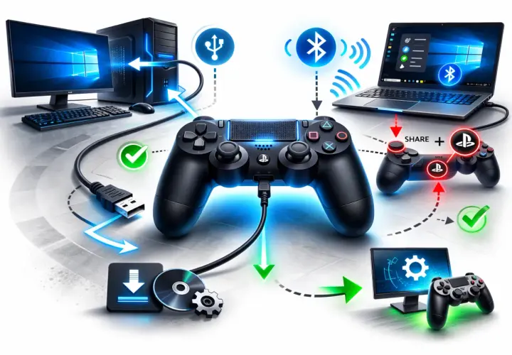 Ilustracja przedstawia podłączanie pada PS5 do komputera PC za pomocą kabla USB i Bluetooth.