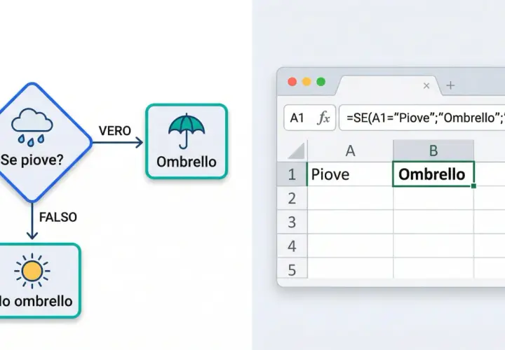 Diagramma di flusso e foglio di calcolo che illustrano la formula SE: se piove, prendi l'ombrello.