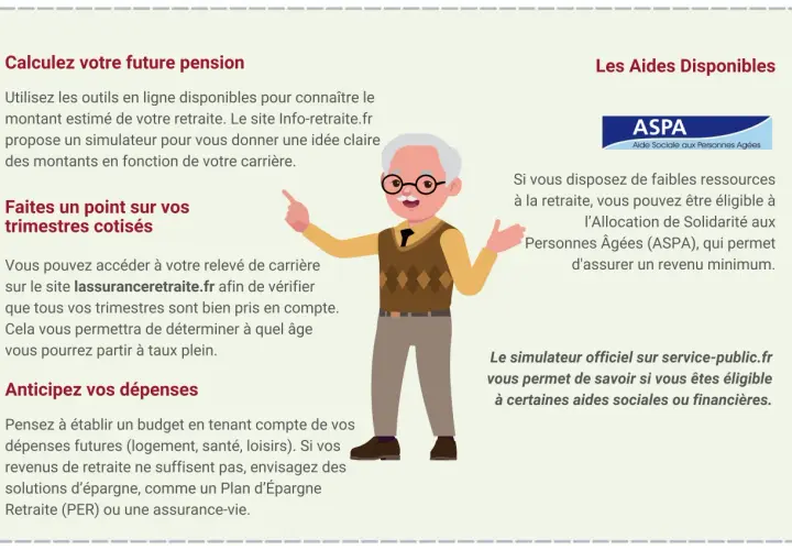 Un homme âgé avec des lunettes pointe vers des informations sur la retraite et les aides disponibles, comme l'ASPA, pour une aide retraite.