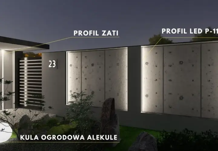 Nowoczesne oświetlenie ogrodzenia z betonowymi panelami, bramą i kulą ogrodową.