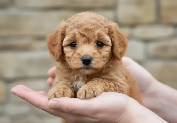 Adorable cachorro de pelaje rizado color caramelo, uno de los más tiernos toy razas de perros, descansa en unas manos.