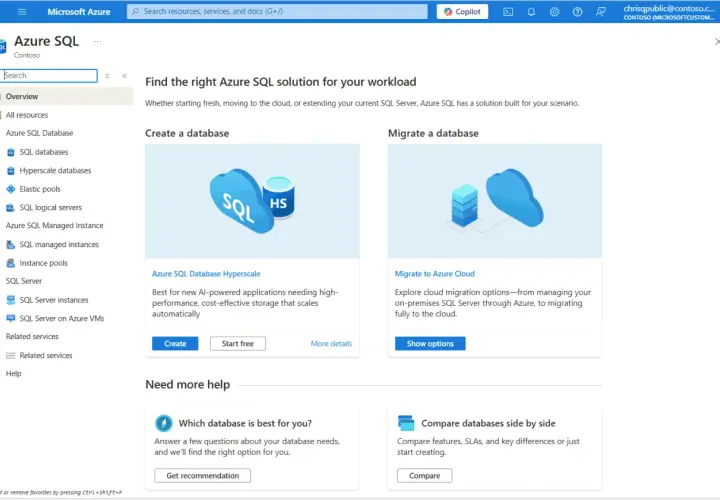 Tableau de bord Azure SQL. Créez ou migrez des bases de données SQL vers le cloud.