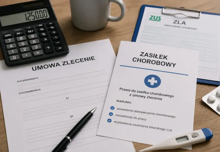 Umowa zlecenie a L4: dokumenty, kalkulator i termometr wskazują na formalności związane z chorobowym.