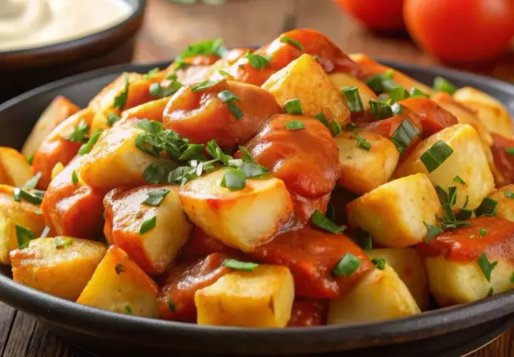 En skål med gyllene, friterade potatisbitar täckta av en kryddig tomatsås och toppade med färska örter. En klassisk tapasrätt, patatas bravas, redo att avnjutas.