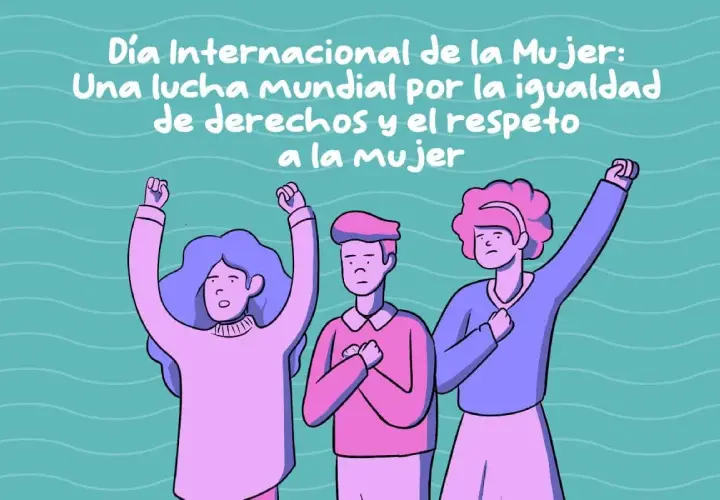 Ilustración para el día de la mujer para niños: tres personas con puños en alto celebran la igualdad y el respeto.