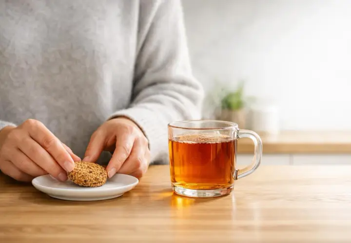 Mani che prendono un biscotto da un piattino accanto a una tazza di tè fumante. Ricorda che bere troppo tè fa male allo stomaco.