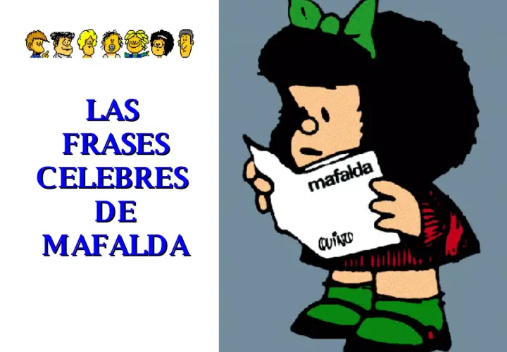 Mafalda, con su característico lazo verde, lee un papel con frases célebres de Mafalda.