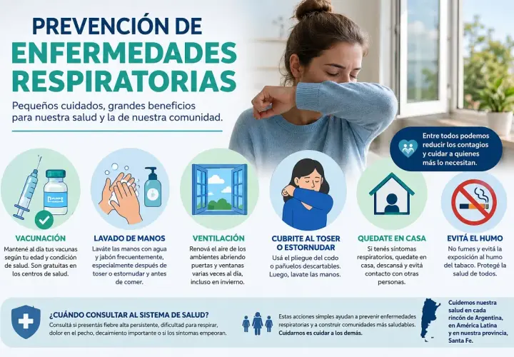 Prevención de enfermedades respiratorias: vacunación, lavado de manos, ventilación, cubrirse al toser, quedarse en casa y evitar humo. Reducir compuestos orgánicos volátiles es clave.