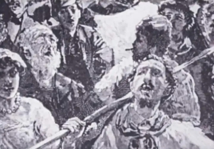 Black and white illustration of a crowd of people, some holding weapons, in a historical scene.