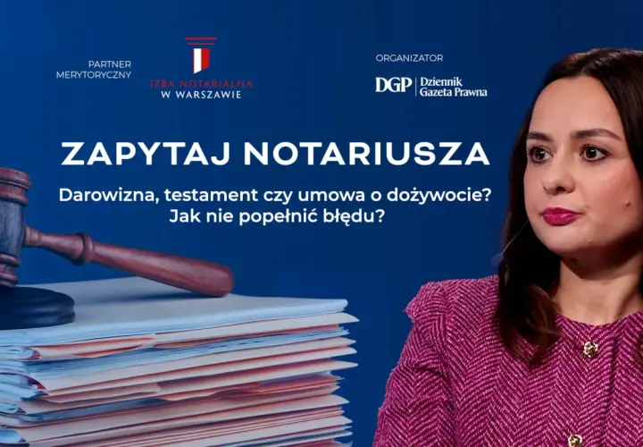 Młotek sędziowski na stercie dokumentów. Hasło "Zapytaj notariusza" i pytania o darowiznę, testament, umowę o dożywocie.