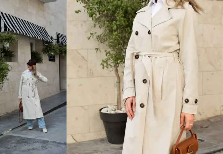 Eleganckie beżowy trencz stylizacje. Kobieta w beżowym płaszczu, białej koszuli i jeansach, z brązową torebką i czapką.