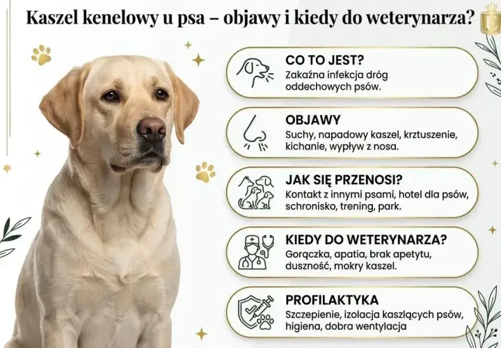 Labrador z objawami kaszlu kenelowego u psa. Informacje o przyczynach, objawach i profilaktyce.
