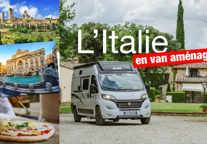 L'Italie en van aménagé : vues de San Gimignano, Fontaine de Trevi, pizzas et un van blanc.