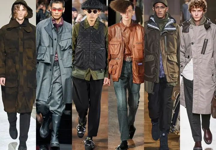 Modelos desfilan con abrigos y chalecos de estilo workwear, con múltiples bolsillos y texturas.