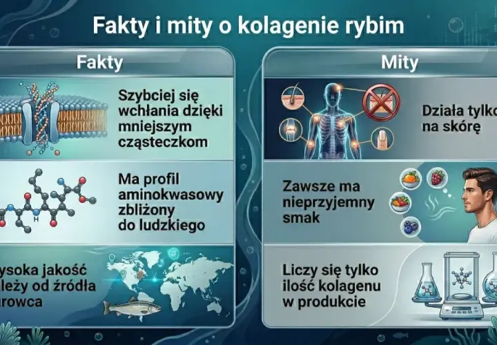 Peptydy kolagenowe: szybkie wchłanianie, profil aminokwasowy zbliżony do ludzkiego, jakość zależy od surowca. Mity: działa tylko na skórę, nieprzyjemny smak, liczy się tylko ilość.