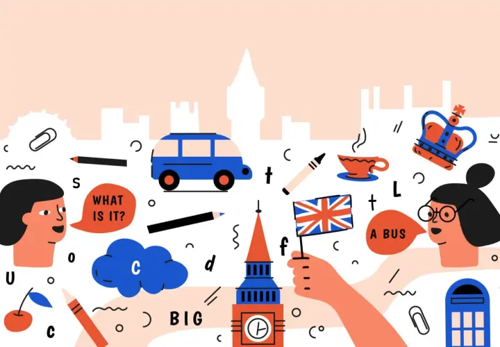 Ilustracja z elementami Londynu i symbolami nauki angielskiego. Idealne materiały do słuchania po angielsku dla początkujących.