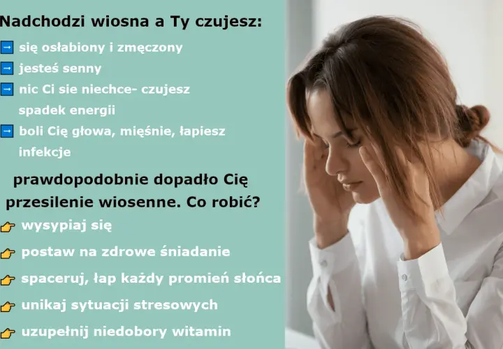 Kobieta z rękami na skroniach, czuje osłabienie, senność i ból głowy. To mogą być objawy przesilenia wiosennego.