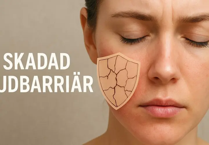Ansiktet visar tecken på reaktiv hud med en skadad hudbarriär, symboliserad av ett sprucket sköldmönster.