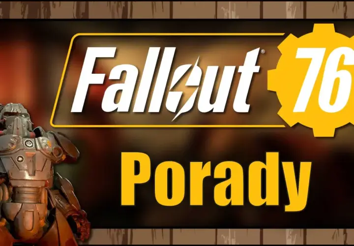 Postapokaliptyczny wojownik w pancerzu wspomaganym z gry Fallout 76. Obok logo gry i napis "Porady" - idealny do każdego fallout 76 poradnik.