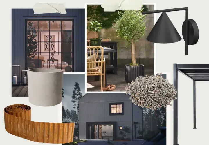 Inspirationsbild för utomhusmiljö med fokus på svenska designklassiker: krukor, belysning, pergolamaterial och en modern villa.