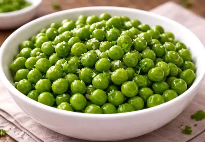Un bol de petits pois frais, brillants et assaisonnés de sel et de persil, prêts pour la cuisson.