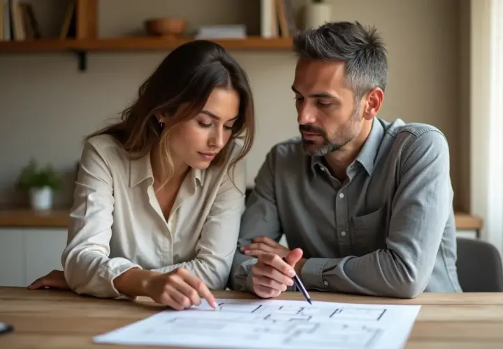 Couple examine plans, discussing their future home and the potential transfert ptz.