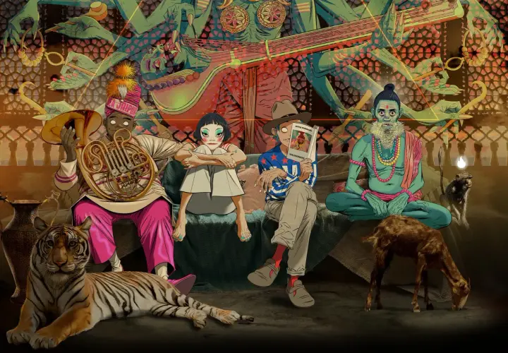 Gorillaz koncerty w Indiach? Postacie siedzą obok tygrysa, kozy i małpy, w tle hinduskie bóstwo.