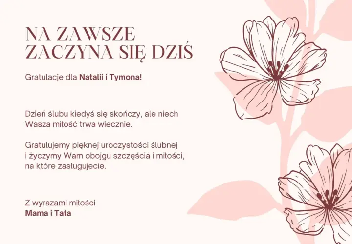 Życzenia na ślub cywilny dla Natalii i Tymona. Niech Wasza miłość trwa wiecznie. Gratulujemy!