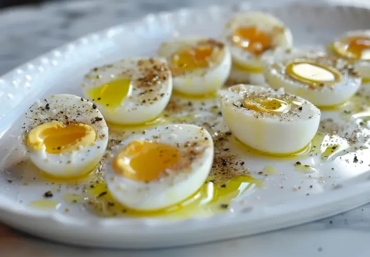 Œufs durs coupés en deux, arrosés d'huile d'olive et saupoudrés de poivre. Un délice, même si l'un d'eux semble un peu trop cuit.
