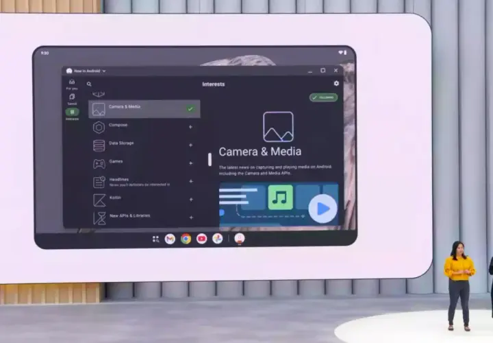 Interfejs Samsung DeX z listą zainteresowań, w tym "Camera & Media" z informacjami o nowościach w Androidzie.