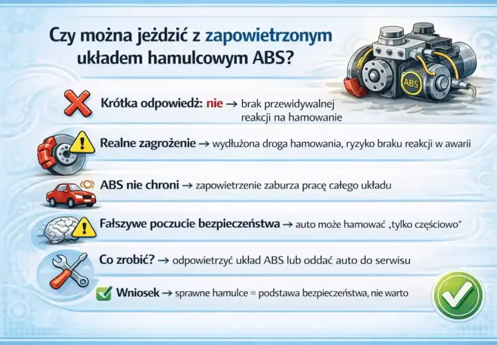 Zapowietrzone hamulce objawy: brak reakcji, wydłużona droga hamowania, ryzyko awarii. ABS nie chroni. Sprawne hamulce to podstawa bezpieczeństwa.
