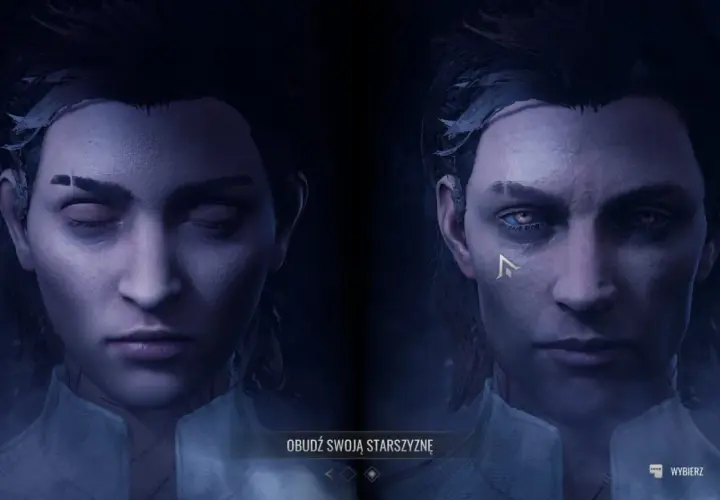 Dwa oblicza wampira w Vampire: The Masquerade. Jedno z zamkniętymi oczami, drugie z otwartymi, ukazujące czerwone oczy i symbol na policzku.