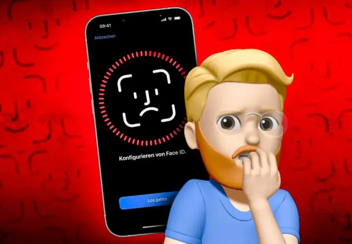 Ein Mann mit Brille und Bart bei der Konfiguration von Face ID. Die rote Hintergrundgrafik zeigt viele kleine Gesichter.