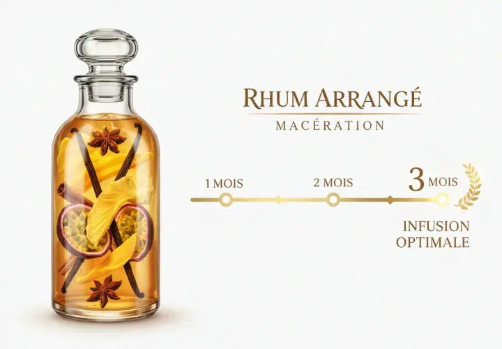 Bouteille de rhum arrangé vanille, fruits de la passion, ananas, cannelle et anis étoilé. Macération de 3 mois pour une infusion optimale.