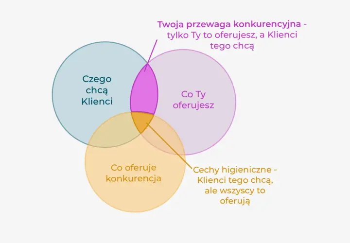 Diagram przedstawia, jak znaleźć przewagę konkurencyjną: to, co oferujesz Ty, a czego chcą klienci.