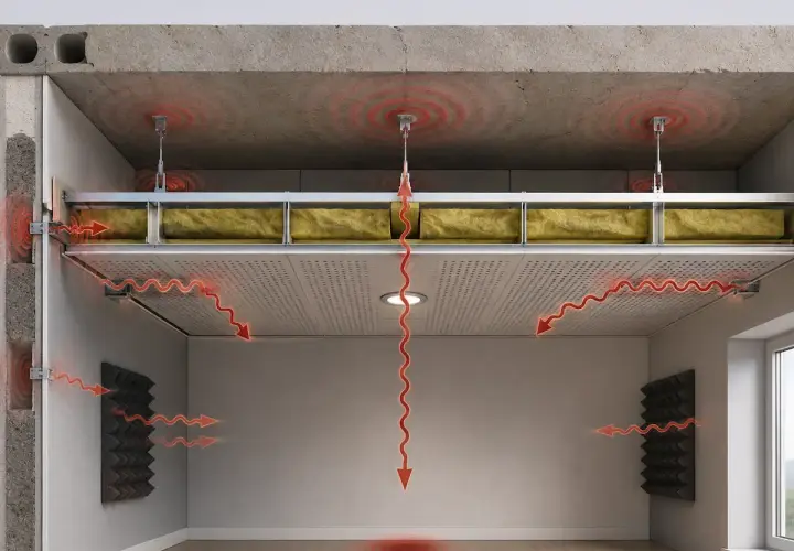 Illustrazione di un sistema di abbattimento acustico con pannelli isolanti e materiali fonoassorbenti che riducono la propagazione del suono.