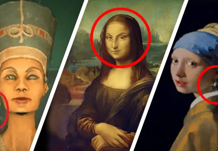 Drei berühmte Kunstwerke mit roten Kreisen, die auf Details hinweisen: Büste von Nofretete, Mona Lisa, Mädchen mit Perlenohrring.