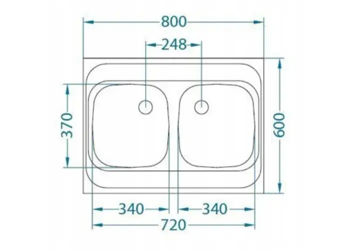 Schemat zlew dwukomorowy wymiary: 800x600 mm, komory 340x370 mm.