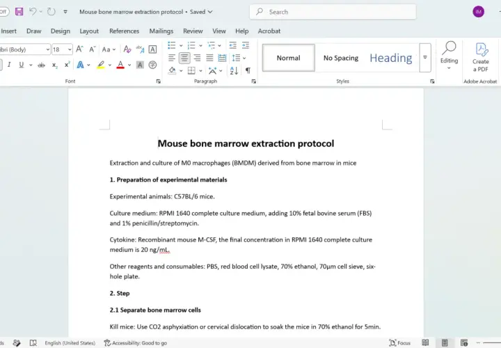 Documento de Word con protocolo de extracción de médula ósea de ratón. Aprende como hacer un documento en Word con este ejemplo.