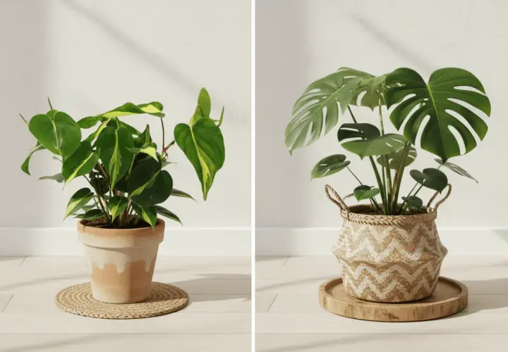 Dwie rośliny doniczkowe: po lewej filodendron z variegacją, po prawej monstera deliciosa, znana też jako monstera dziurawa.