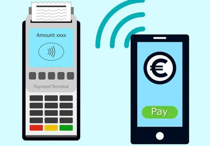 Terminal de pago y smartphone mostrando el símbolo del euro. La comunicación inalámbrica indica que es nfc, una forma de pago sin contacto.