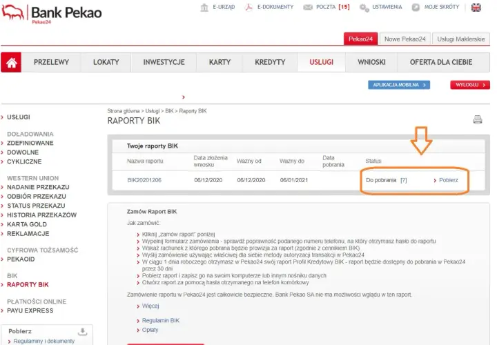 Zrzut ekranu z bankowości internetowej Pekao24, pokazujący raport BIK gotowy do pobrania.