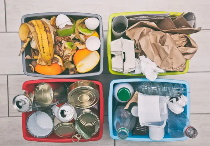 Quattro contenitori colorati per la raccolta differenziata: organico, carta, metalli e plastica/vetro. Idee contenitori raccolta differenziata fai da te.