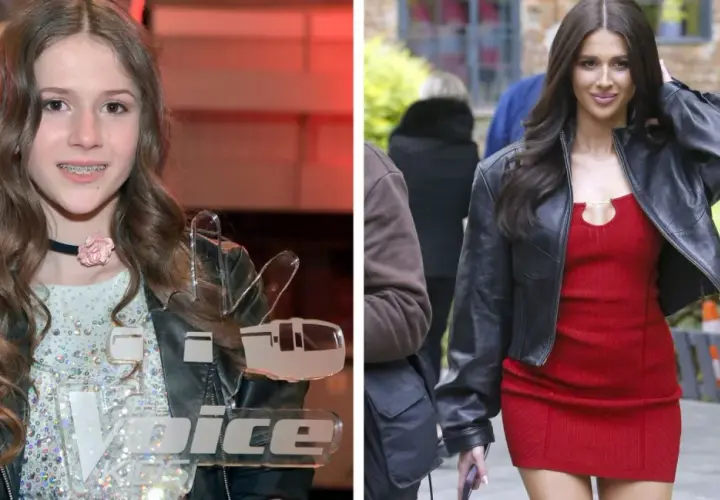 Roxy Węgiel jako młoda dziewczyna z nagrodą The Voice Kids i jako dorosła kobieta w czerwonej sukience i skórzanej kurtce.